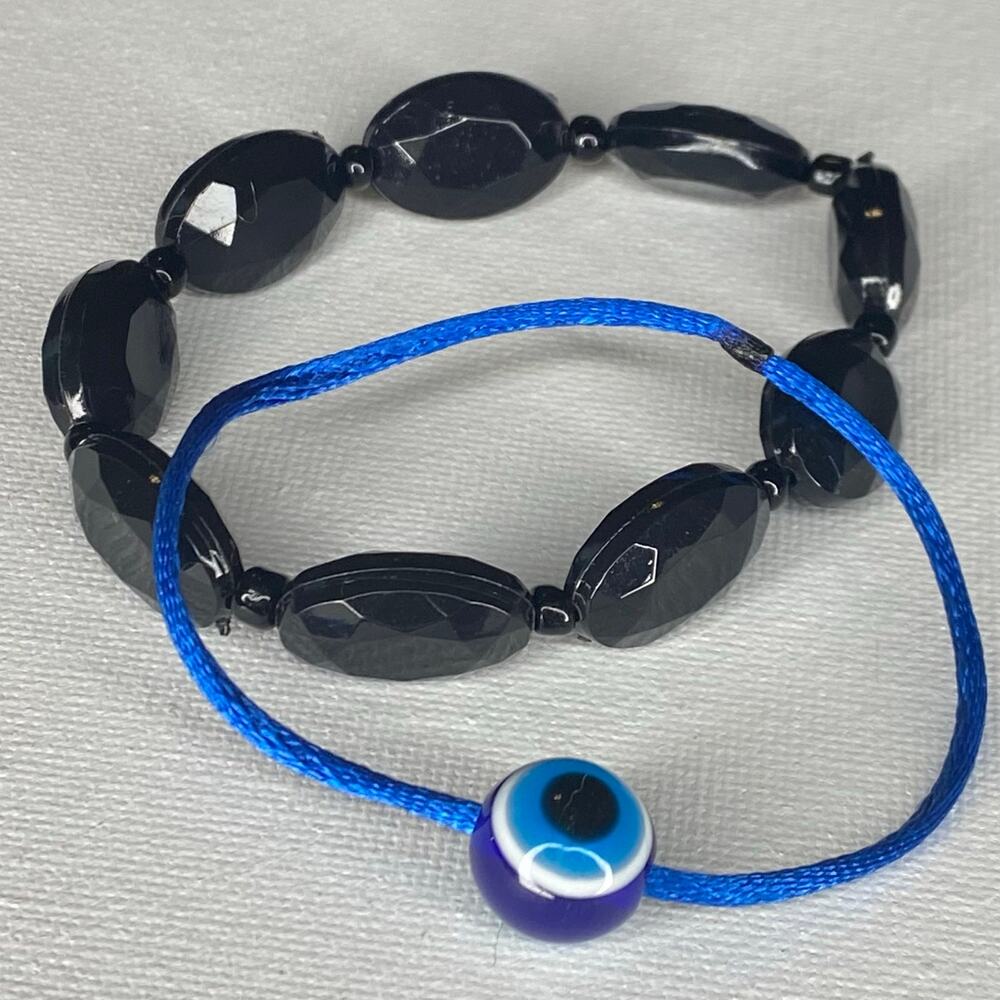 Handmade Evil Eye Bracelet and Black Beaded Stretchy Bracelets